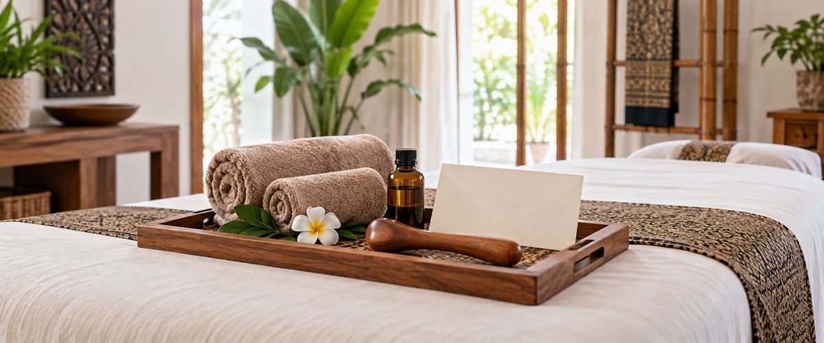 Towels, massage oil and treatment tools arranged on a tray in a Greenock studio