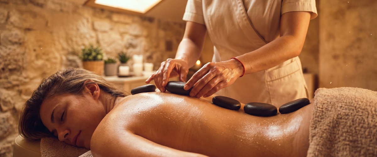 Heated basalt stones glide along the muscles to melt deep tension and improve circulation