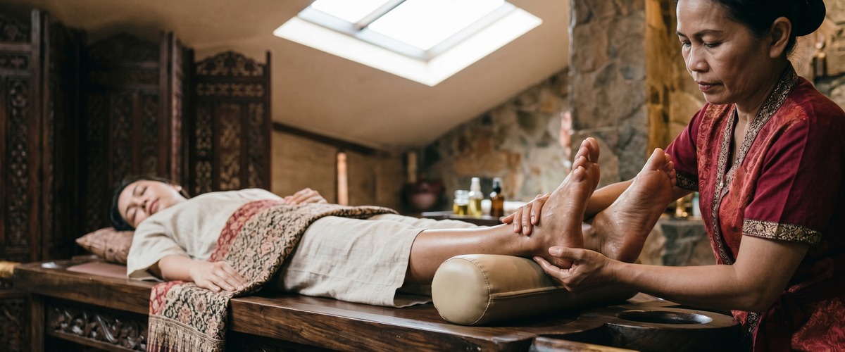 Pressure-point work on the feet to restore balance through the body's energy meridians